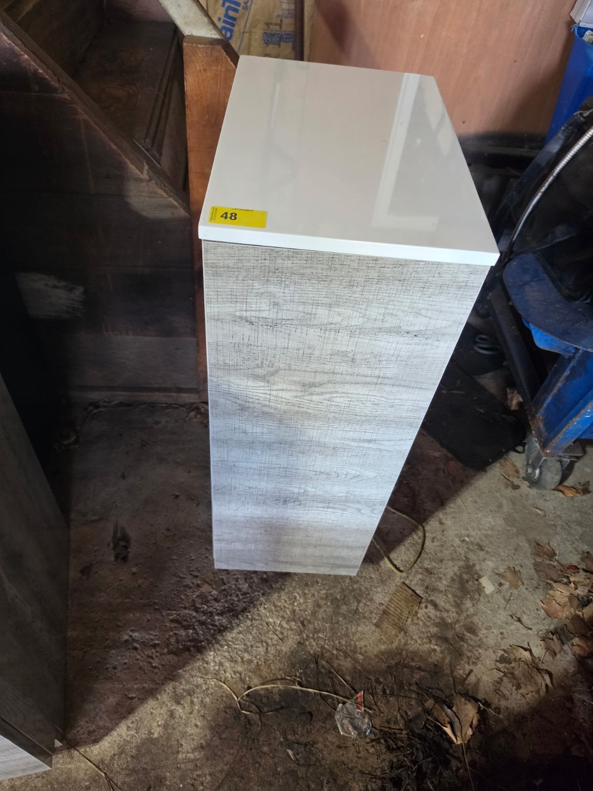 Gray Wood Grain Freestanding Storage Cabinet, White Top, 1 Door 1 Shelf