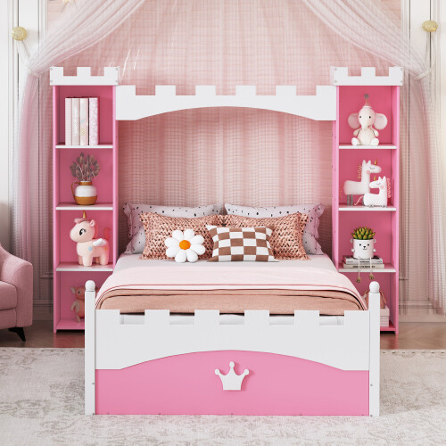 Castle-Shaped Platform Bed with Storage Shelves Both Side Wooden Bed Frames Twin