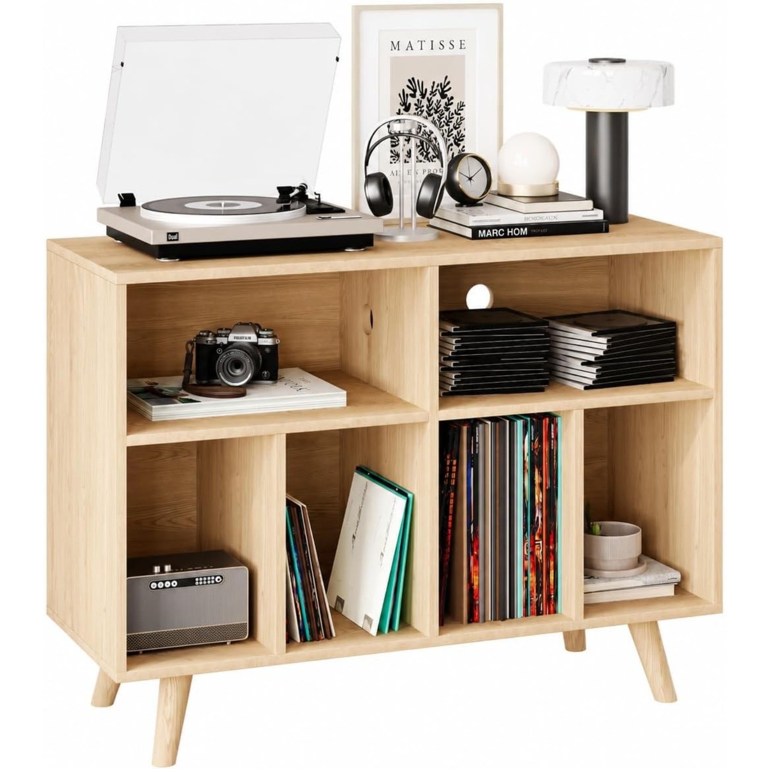 Record Player Stand with Vinyl Storage Cabinet with Charging Station & USB Ports