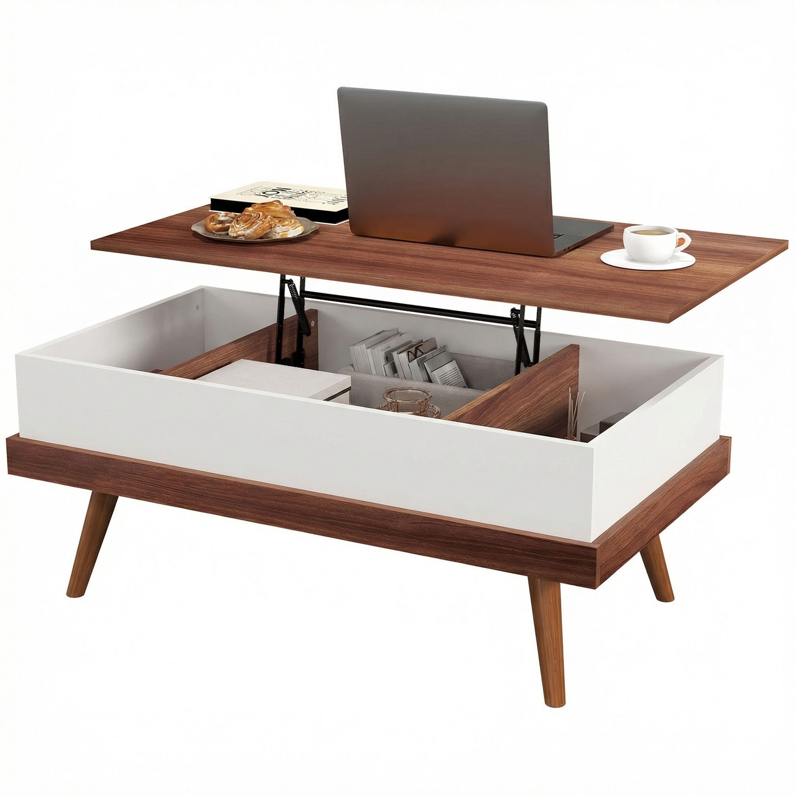HOMCOM Lift Top Coffee Table with Hidden Compartments and Wood Legs, Walnut