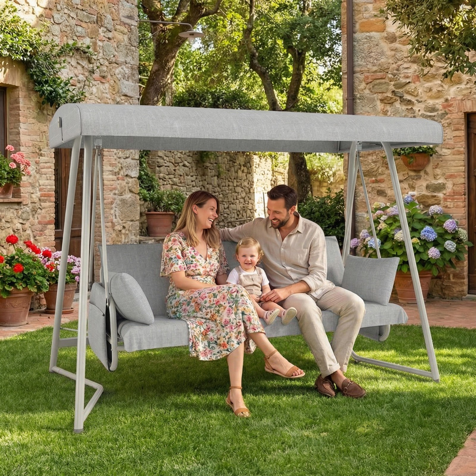 3-in-1 Hanging Patio Swing Bed + Adjustable Canopy, 3-Seater 600lb