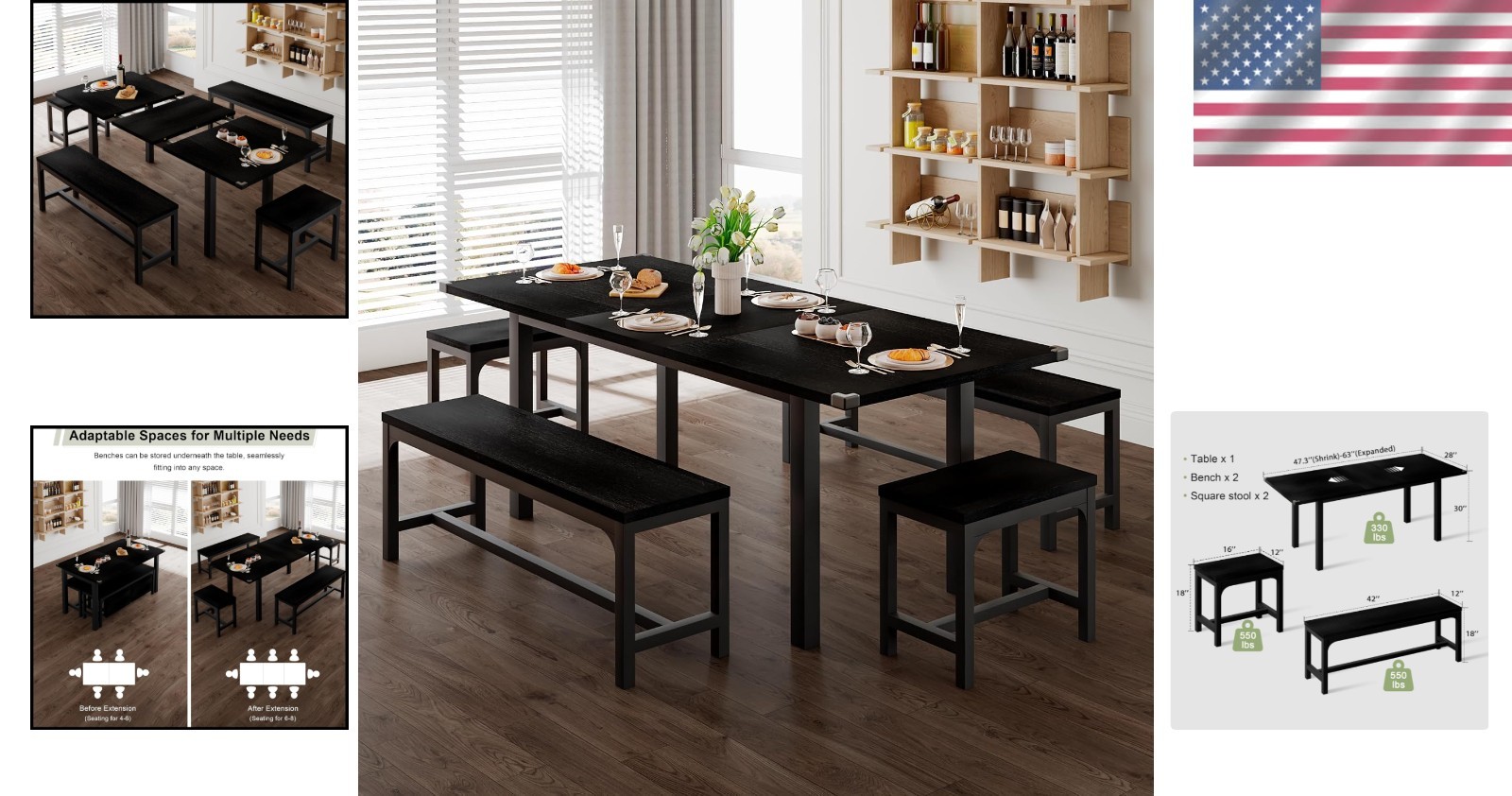 Spacious 63 Inch Dining Table Set with Sturdy Benches and Square Stools Included