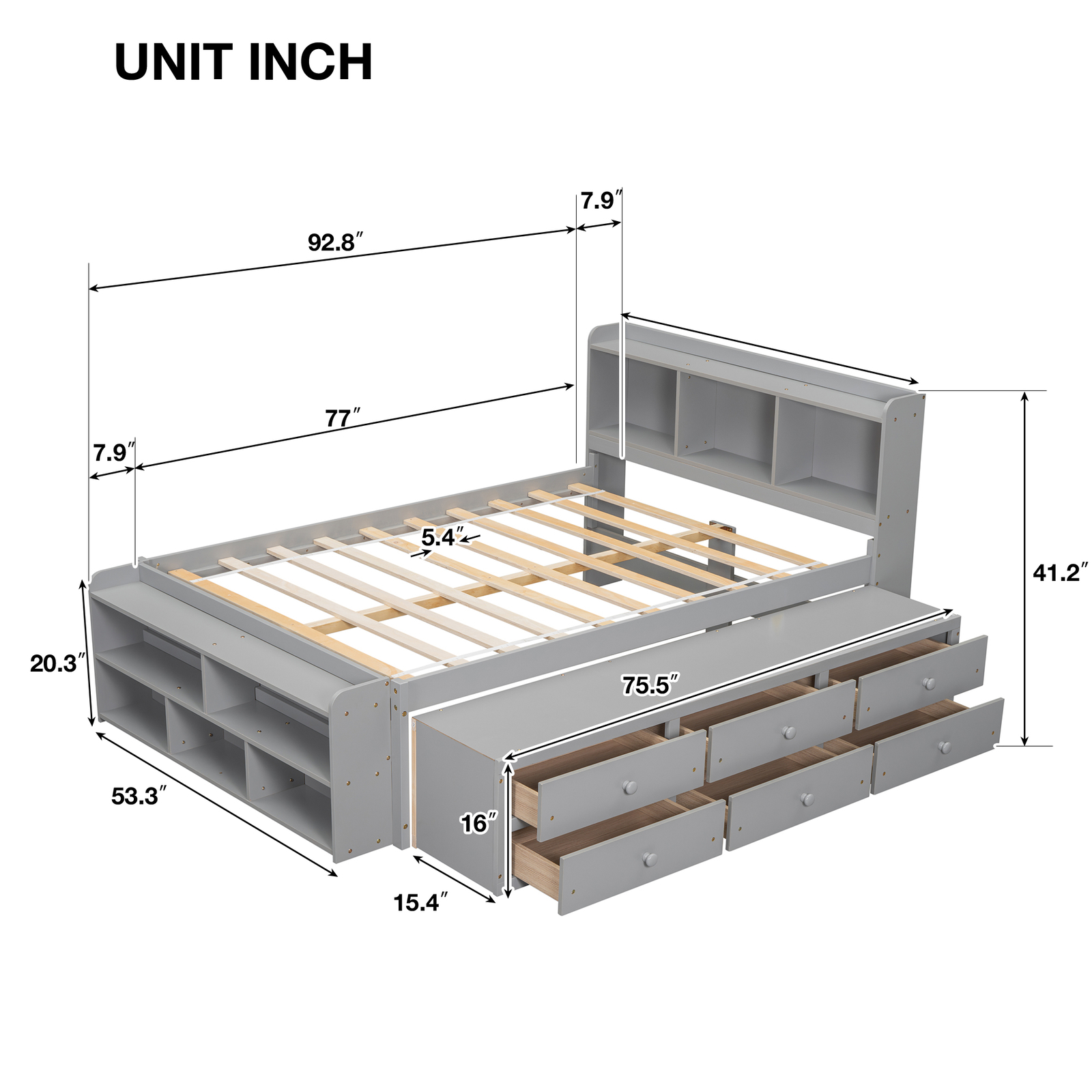 Wooden Full Size Bed Frame with Bookcase Storage Headboard and Drawers/Case Gray