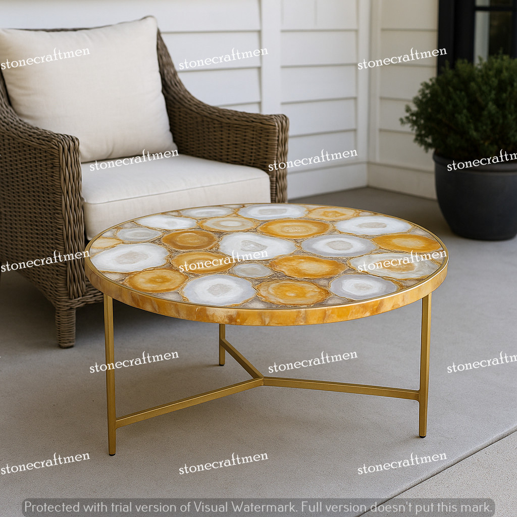 Stunning White Yellow Agate Geode Coffee Table – Rare Mineral Home Decor Piece