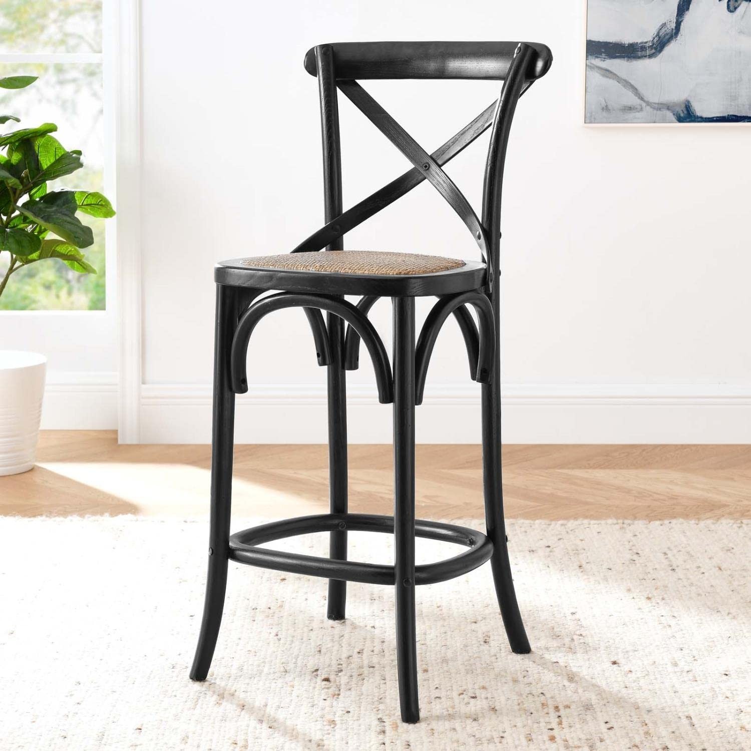 Modway Gear 39.5″ Rattan and Elm Wood Counter Stool in Black Finish