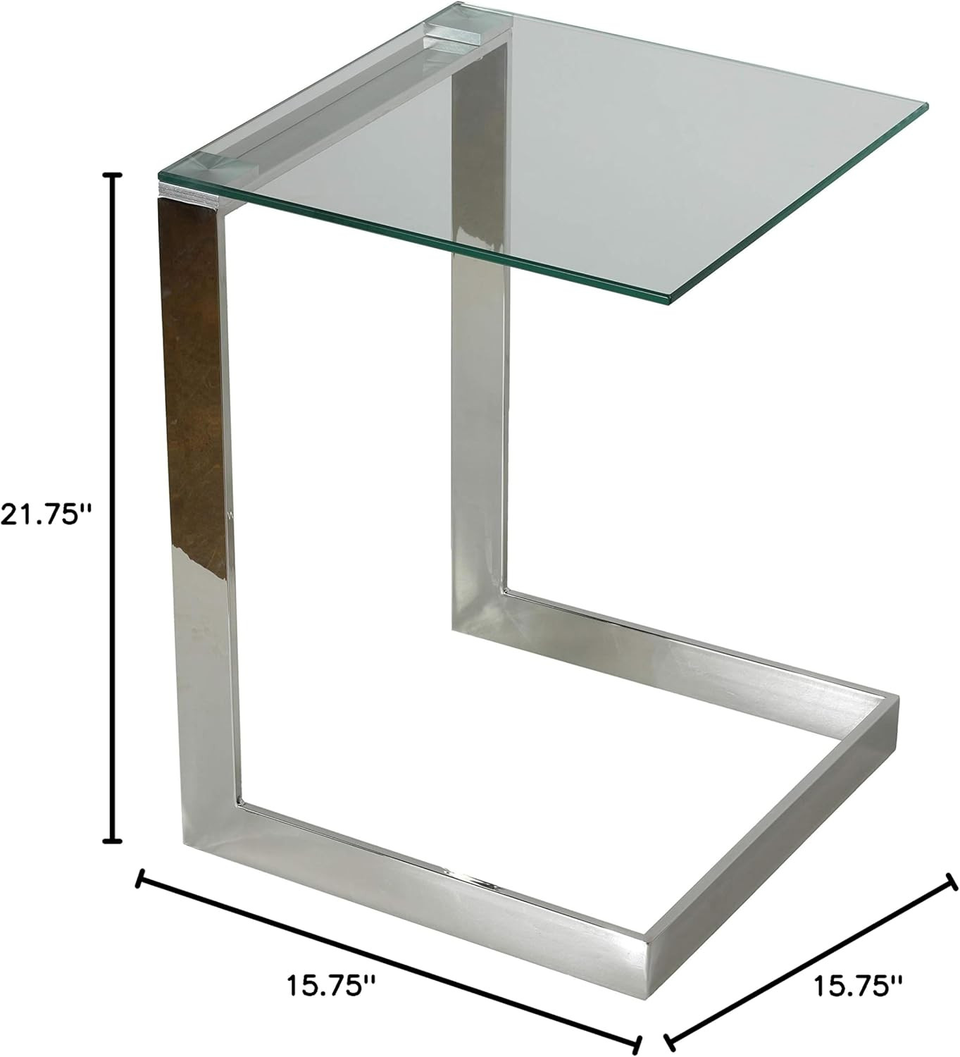 Zulu C Shape End Table, 22″ High, Silver Stainless Steel & Glass