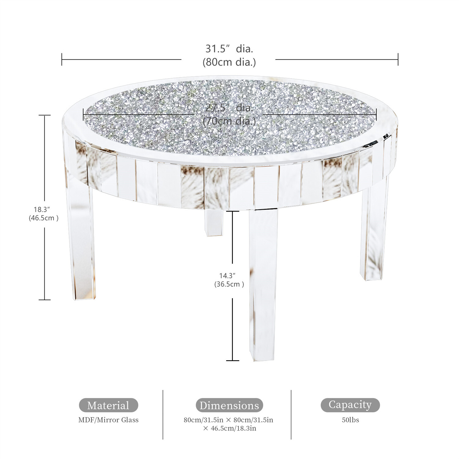Shiny Silver Mirrored Coffee Table Mirror Crystal Inlay Round End Cocktail Table