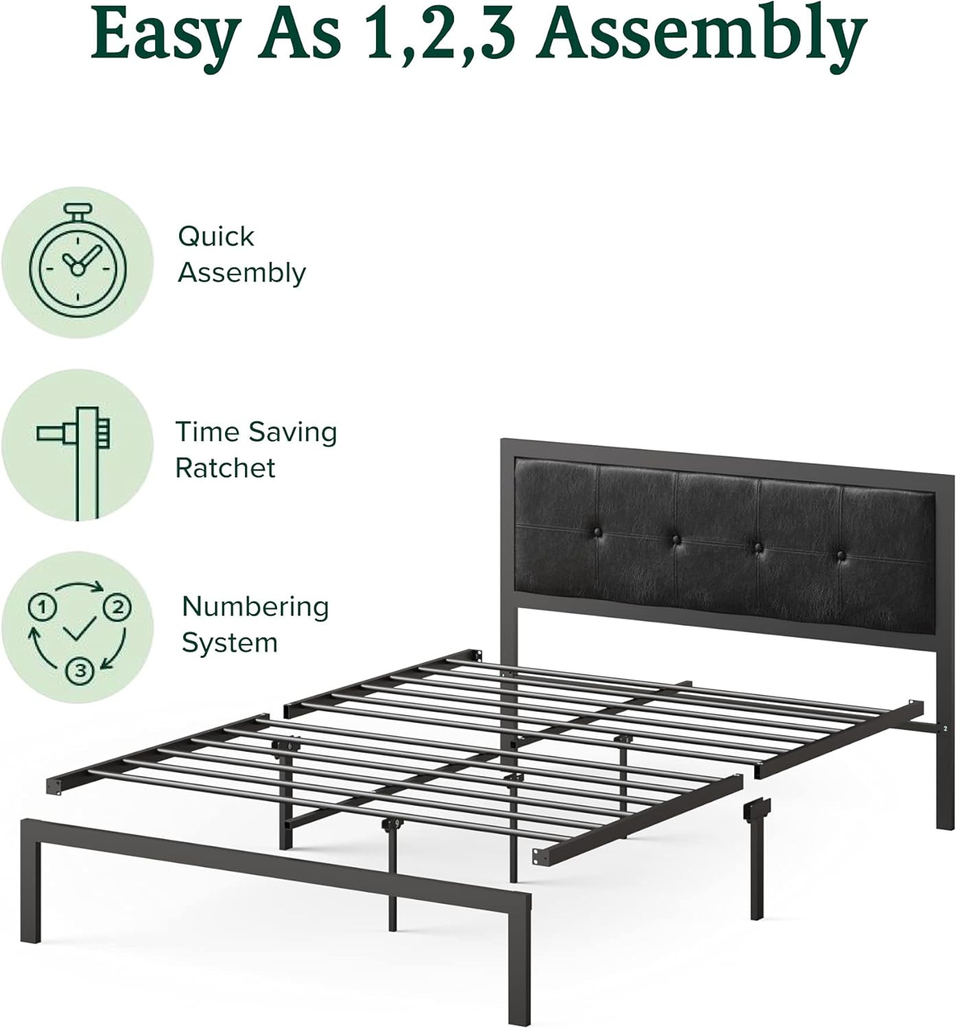 Cherie Full Metal Platform Bed Frame with Faux Leather Headboard, Easy Assembly