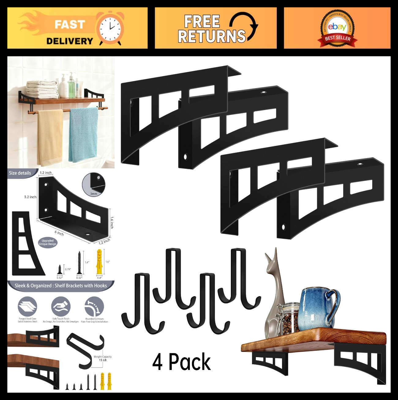 Heavy Duty 6″ Shelf Brackets with 4 Hooks, H-Shape Design, DIY Wall Mount – 4 Pa