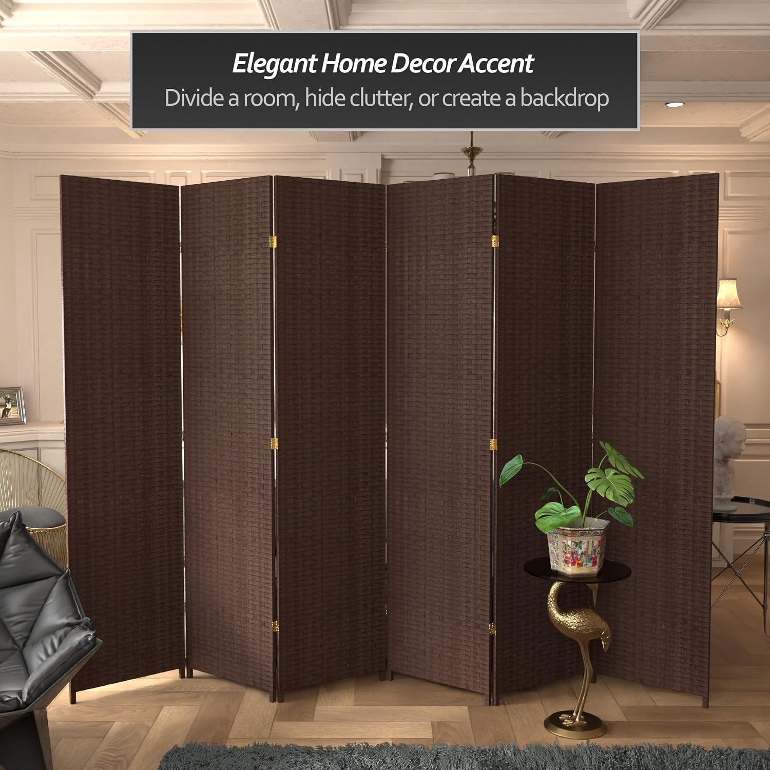 7 Ft. Tall Woven Fiber Room Divider – Dark Mocha – 6 Panel