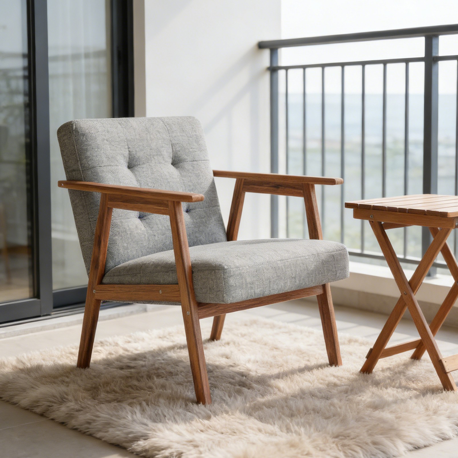Light Grey Modern Accent Chair with Walnut Finish – Thick Cushion