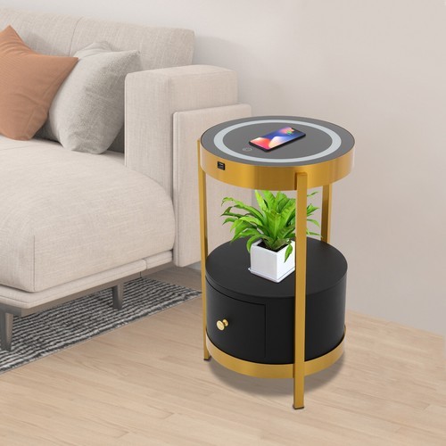 Smart Led Bedside Table Nightstand Sofa Round End Table with Drawer Bedroom 110V