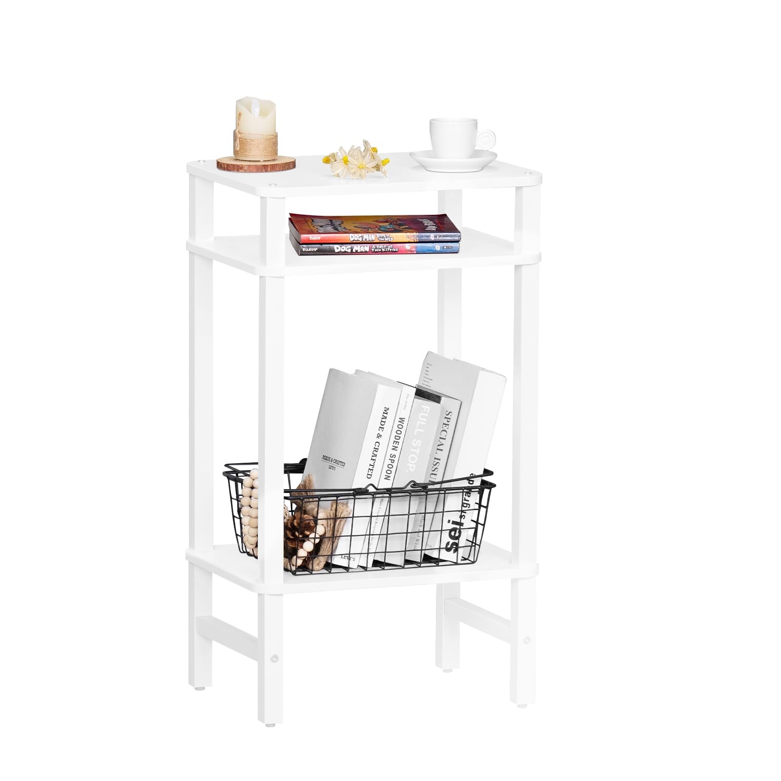 28in Tall 3-Tier Side Table for Small Spaces, Farmhouse Slim Nightstand
