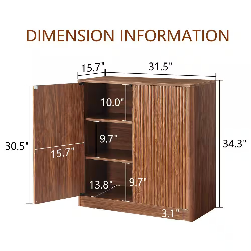31.5 In. W X 34.3 In. H Walnut Color MDF Wavy Buffet, Curved Contour 2-Door Stor
