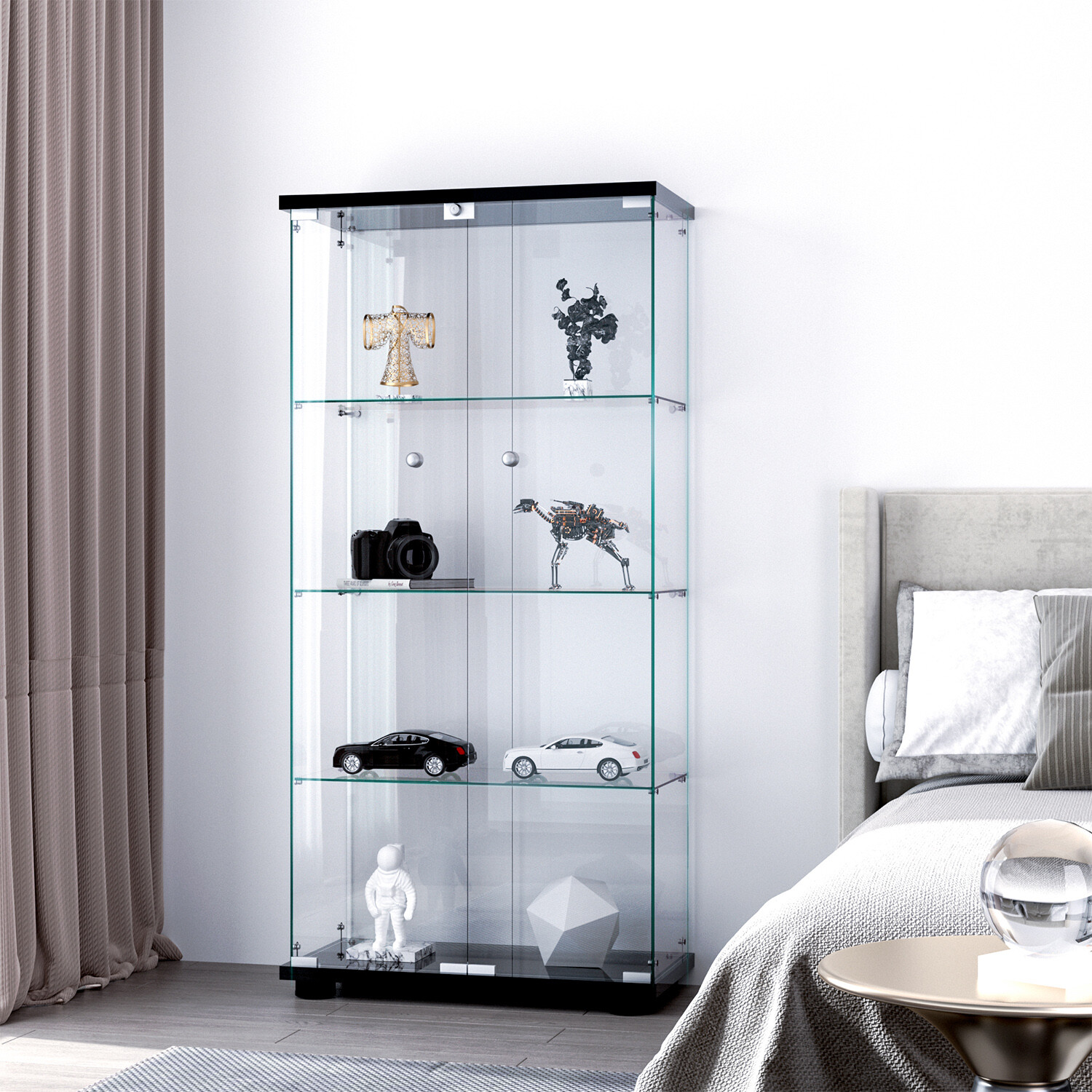 Glass Display Cabinet Curio Bookshelf 2 Doors Showcase Adjustable Shelves New