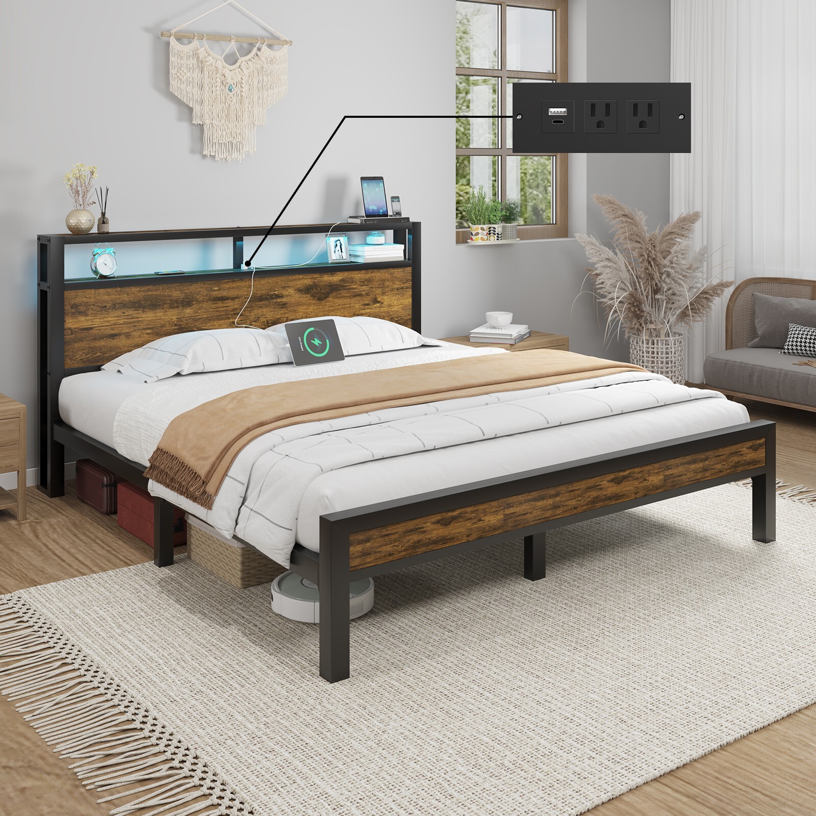 Full/Queen/King Size Metal Bed Frame Platform with 2-Tier Storage and LED lights