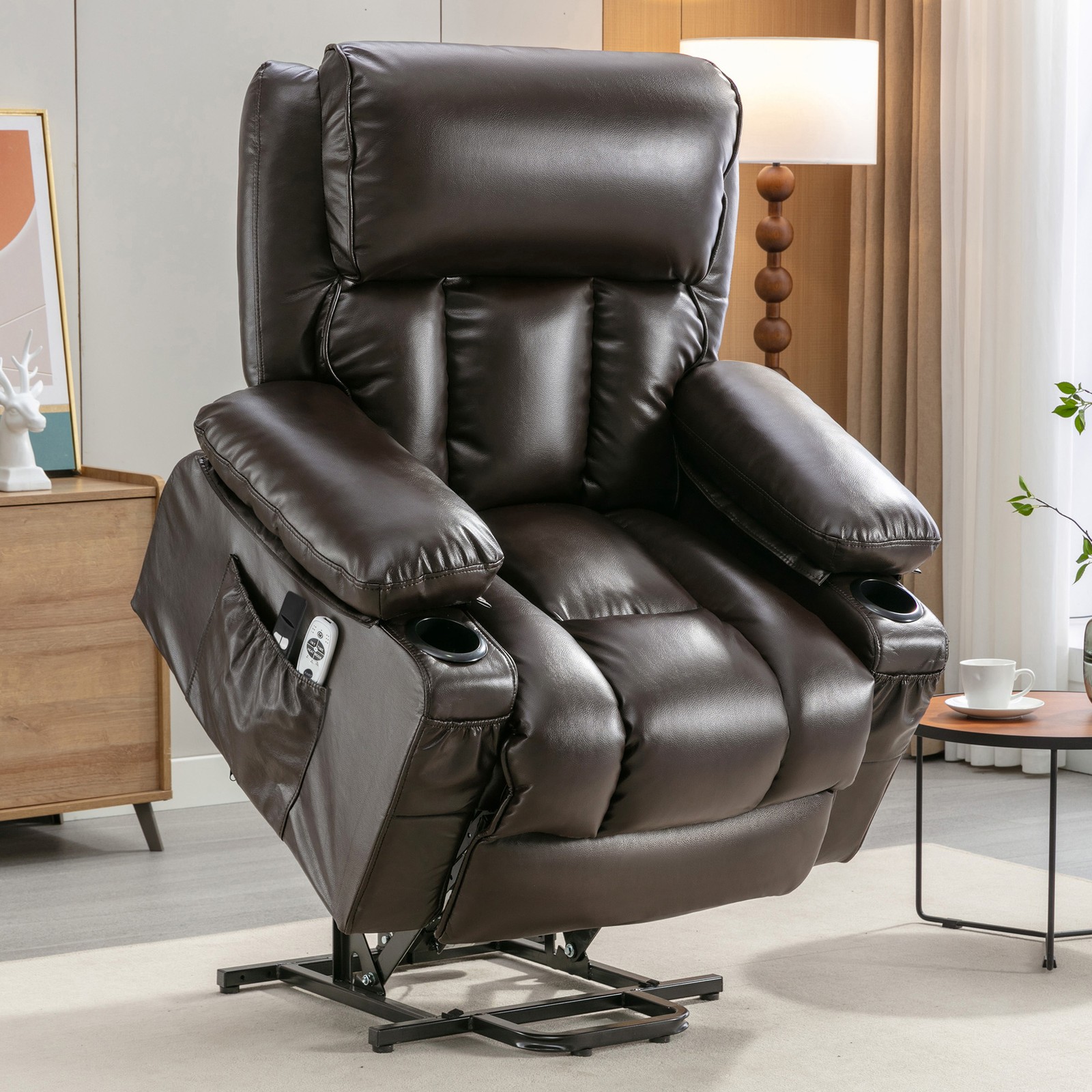 Electric Power Lift Chair Breathable Leather Recliner Chair w/ Massage and Heat