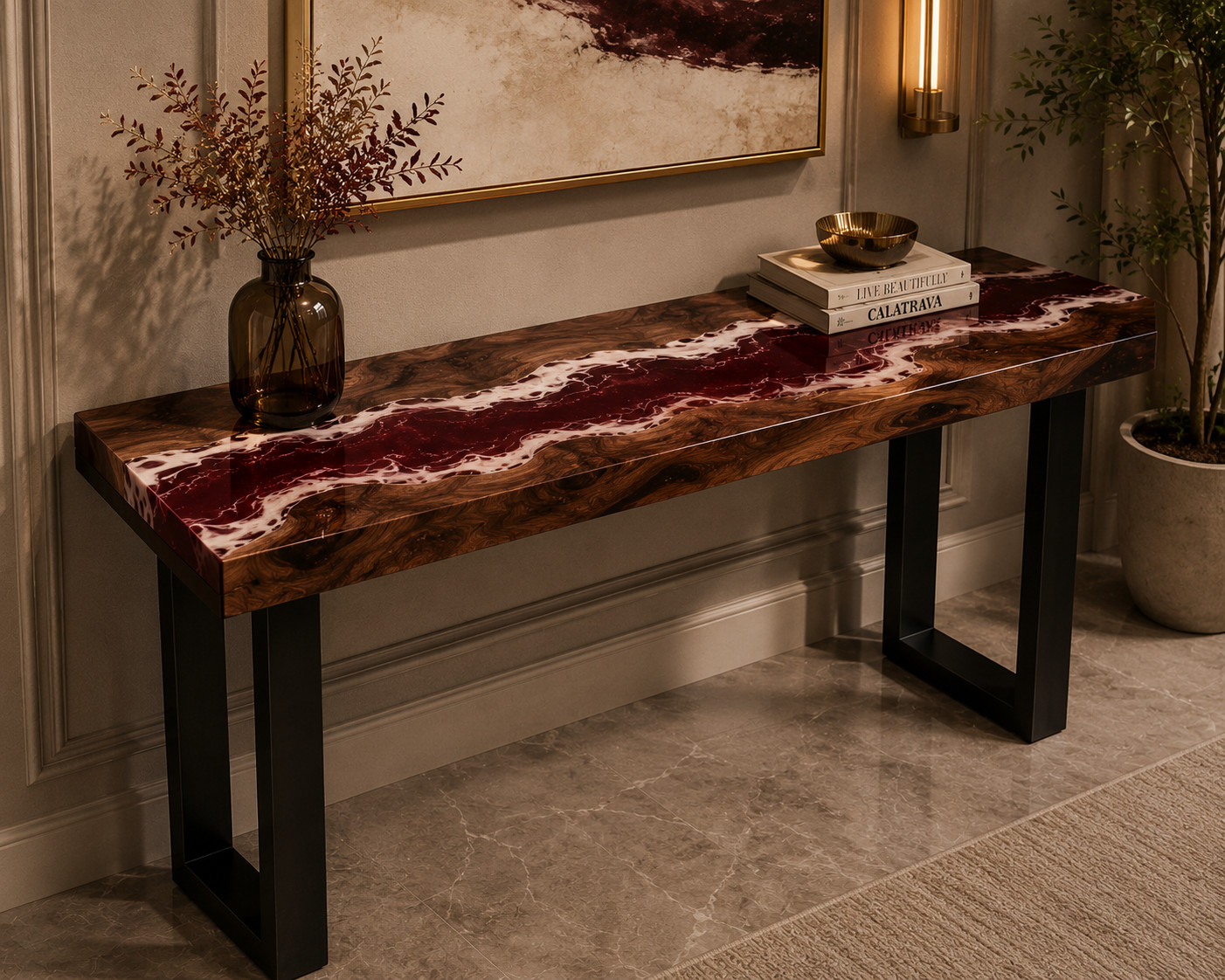 Handmade Walnut Wood Burgundy Epoxy River Console Table Top Live Edge