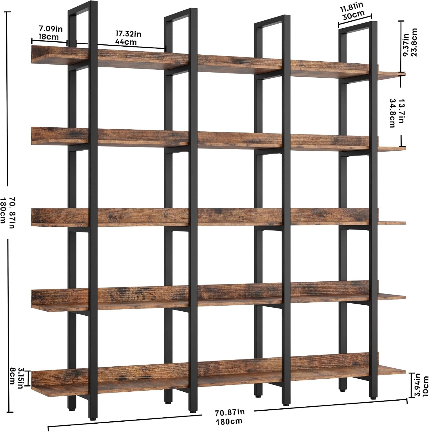 Book Shelf Triple Wide Bookshelves 5 Tiers W/ Back Fence Large Open Shelves