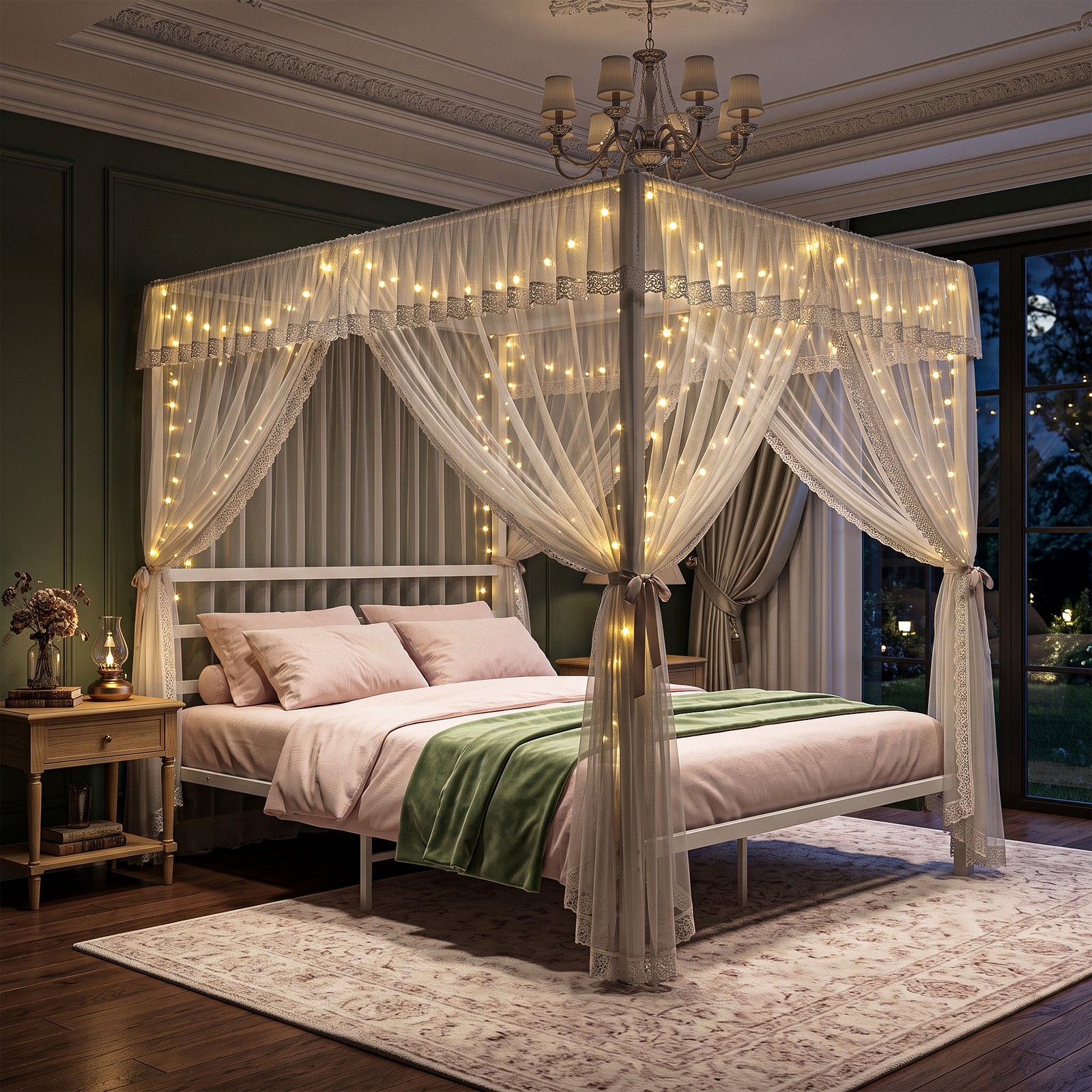 Full Size Bed Frame Canopy Top Design Customizable Bedroom Metal Bed Frame White