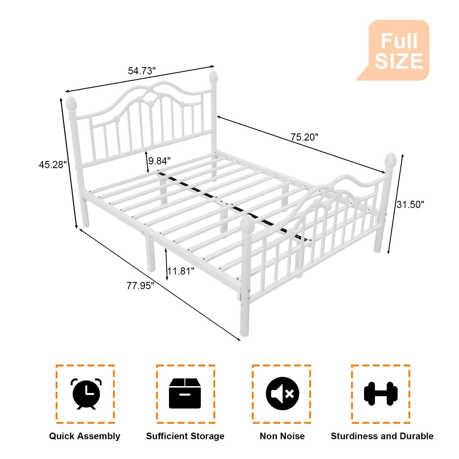 Full Metal Platform Bed Frame with Victorian Headboard and Footboard