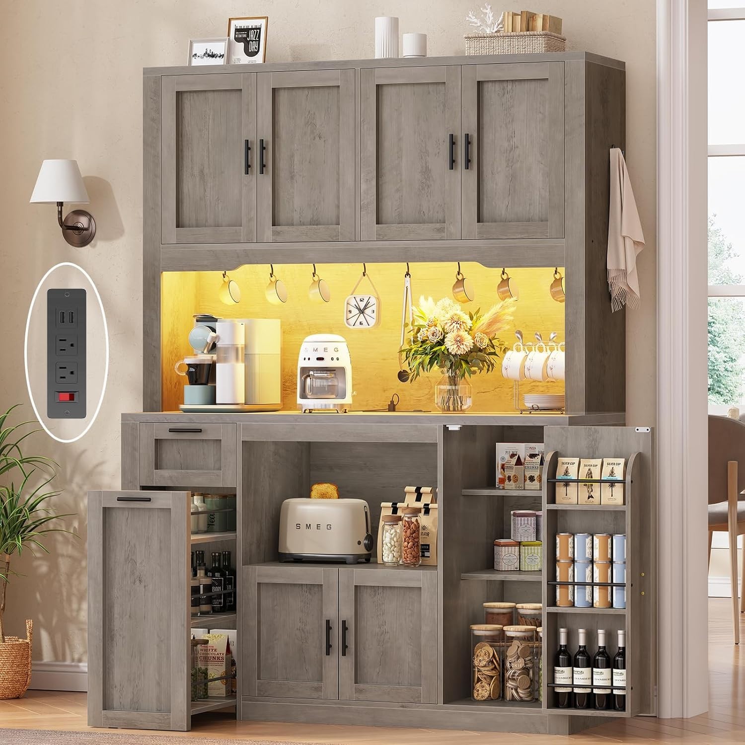 71″ Pantry Cabinet, Kitchen Storage Cabinet with LED Light &Storage Cart 3 Tier