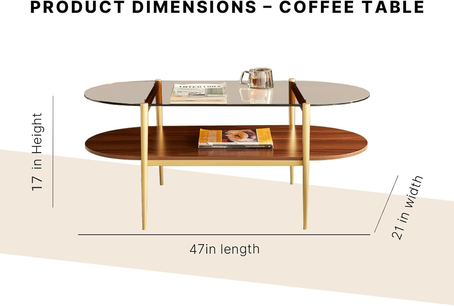 Oval Coffee Table, Mid-Century Modern Design, 2-Tier Structure, Amber Glass Top