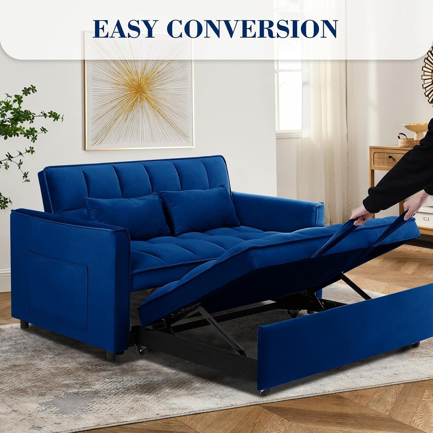 Sofa Bed Couch Sleeper Convertible Pull-Out Bed Couch With Side Pockets