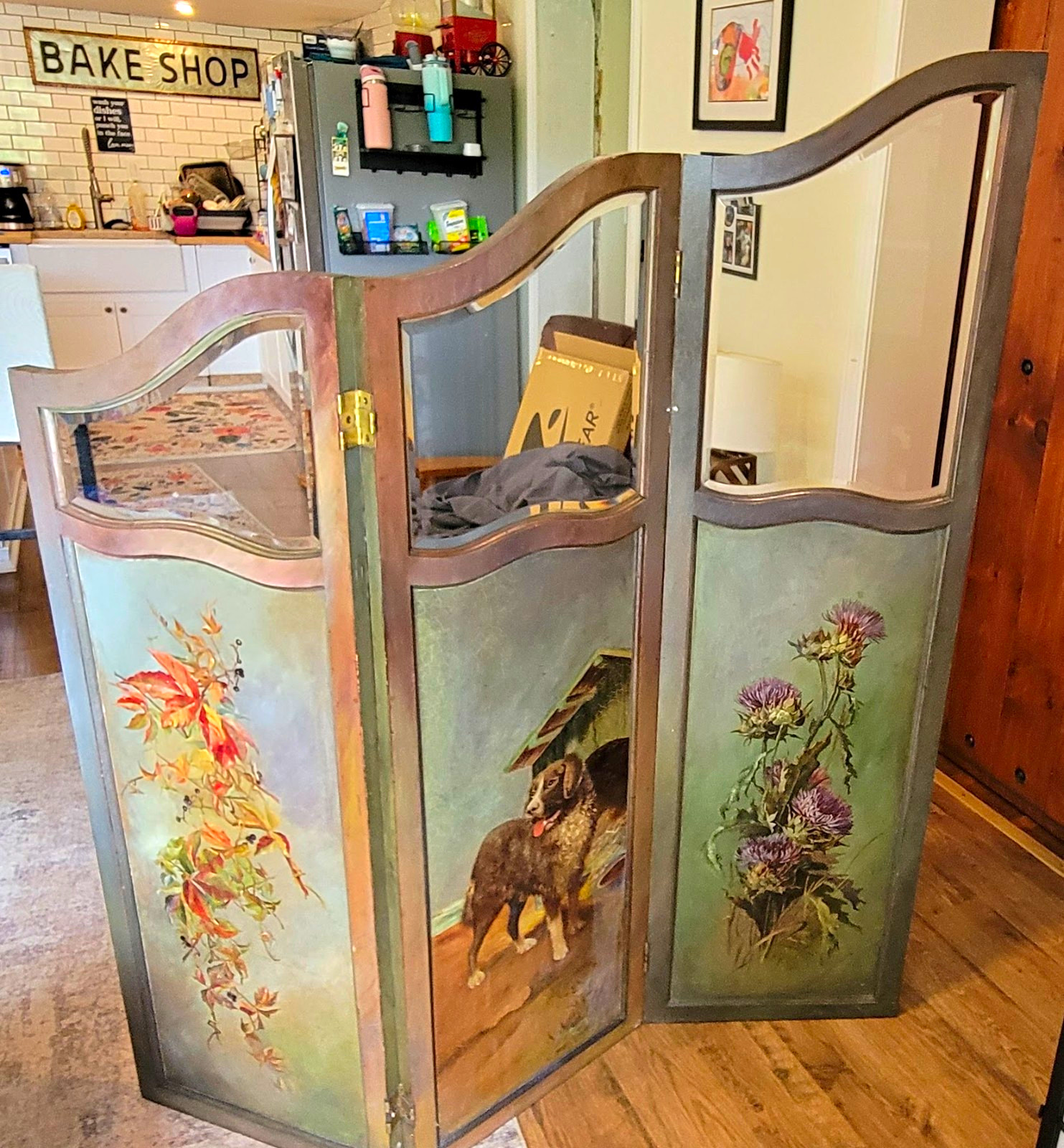 Antique,Art Nouvea 3-Panel Folding Hand-Painted Wood & Glass Room Divider.