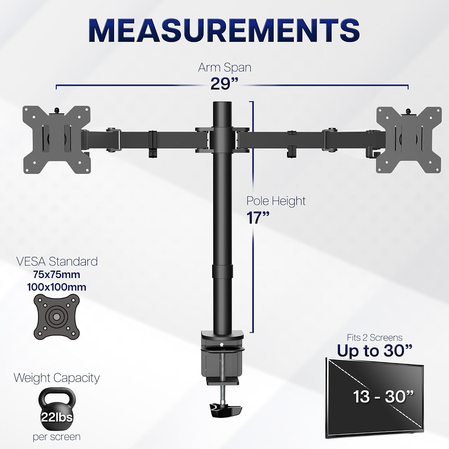 Desk Mount, Holds 2 Computer Screens up to 30 inches and 22lbs Each, Heavy