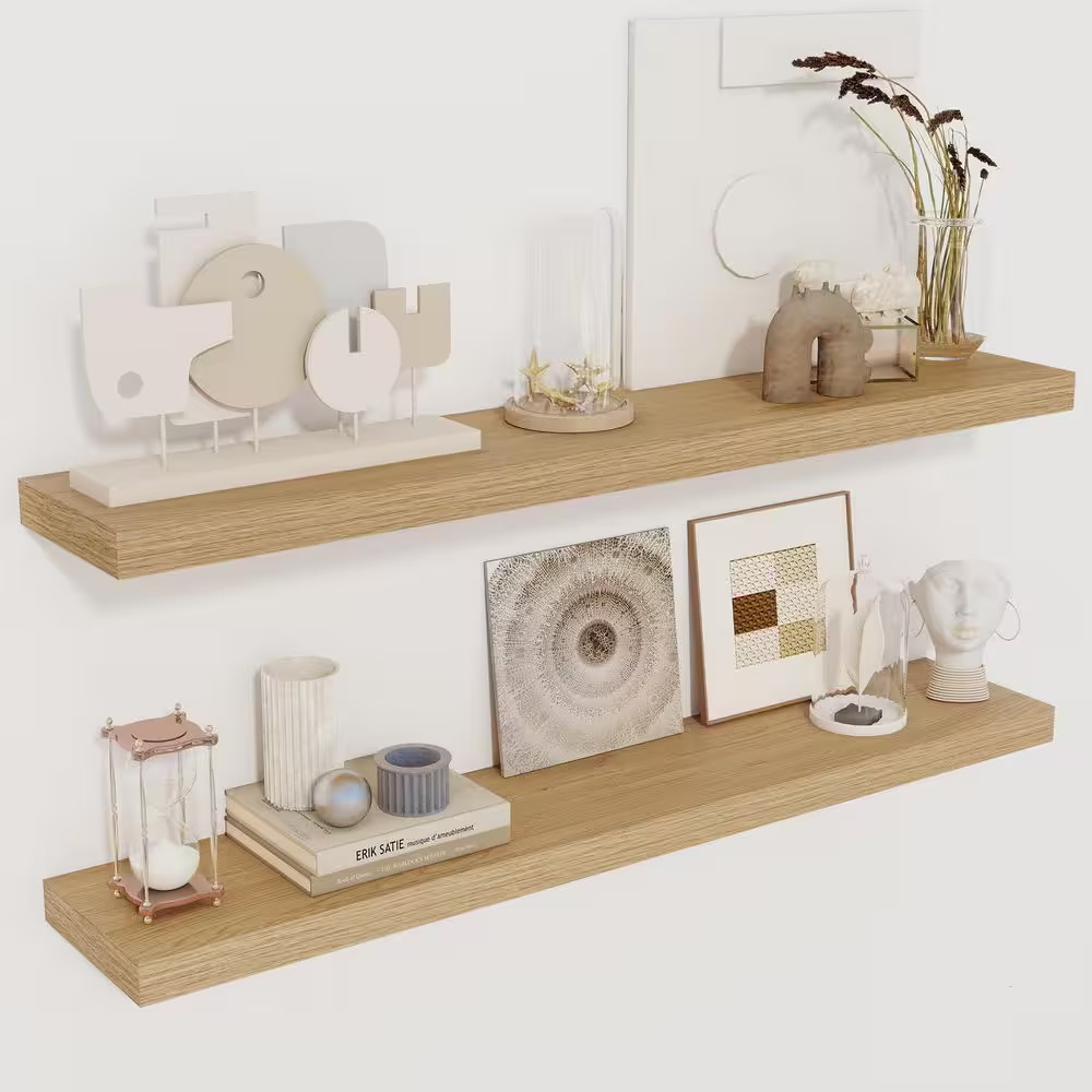 36 In. W X 6.5 In. D Oak Wall Mounted Floating Shelves with Invisible Brackets,