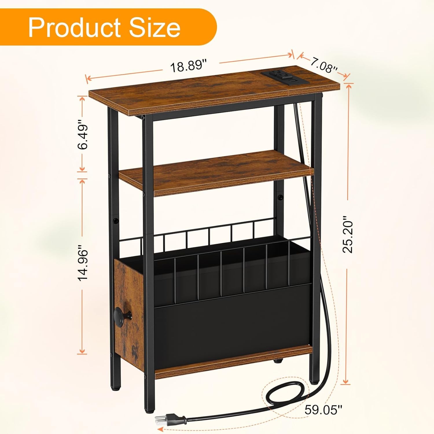 Slim End Table with Charging Station, Narrow Nightstand with Drawer
