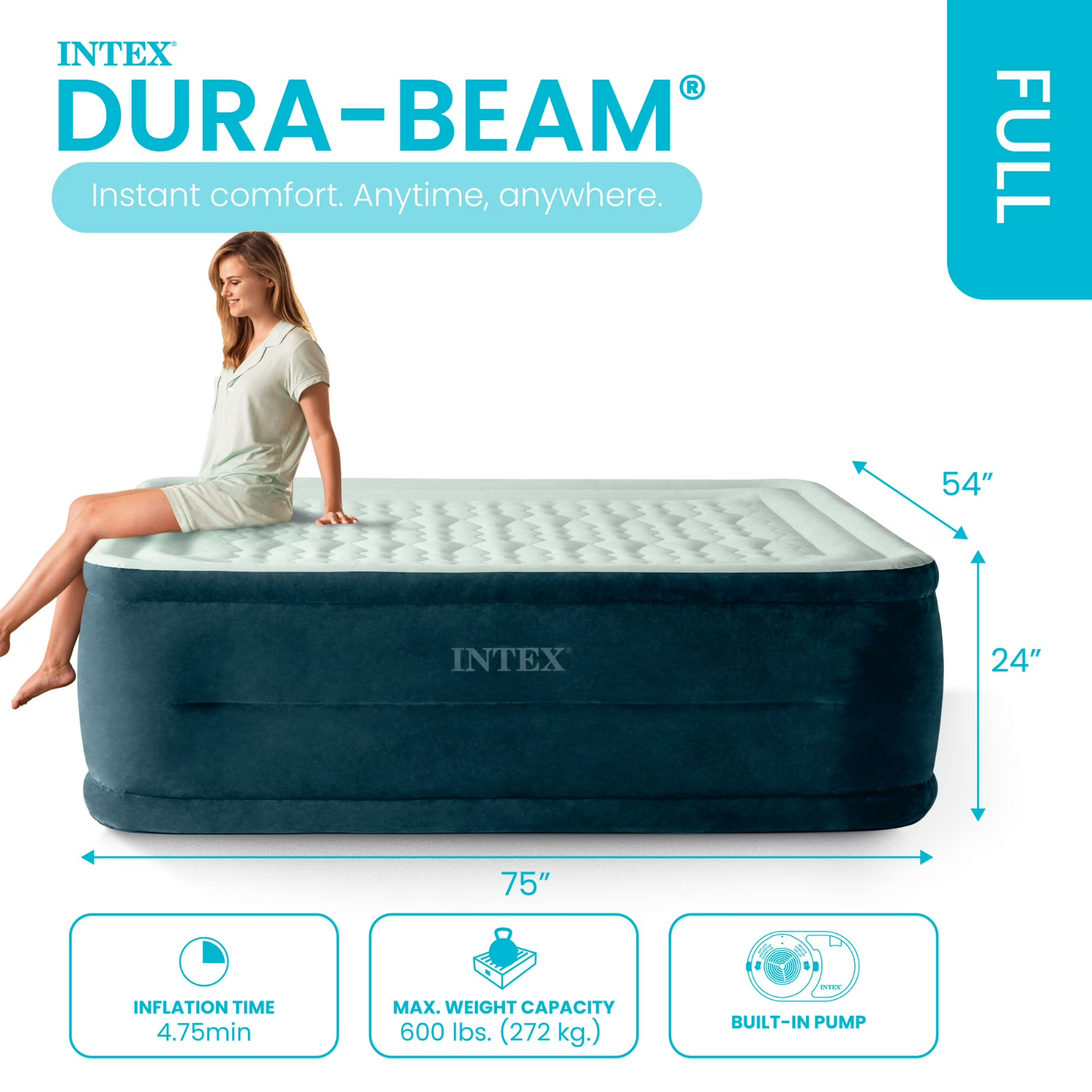 Intex 24″ Full Dream Lux Pillow Top Dura-Beam Airbed Mattress with Built-in Pump