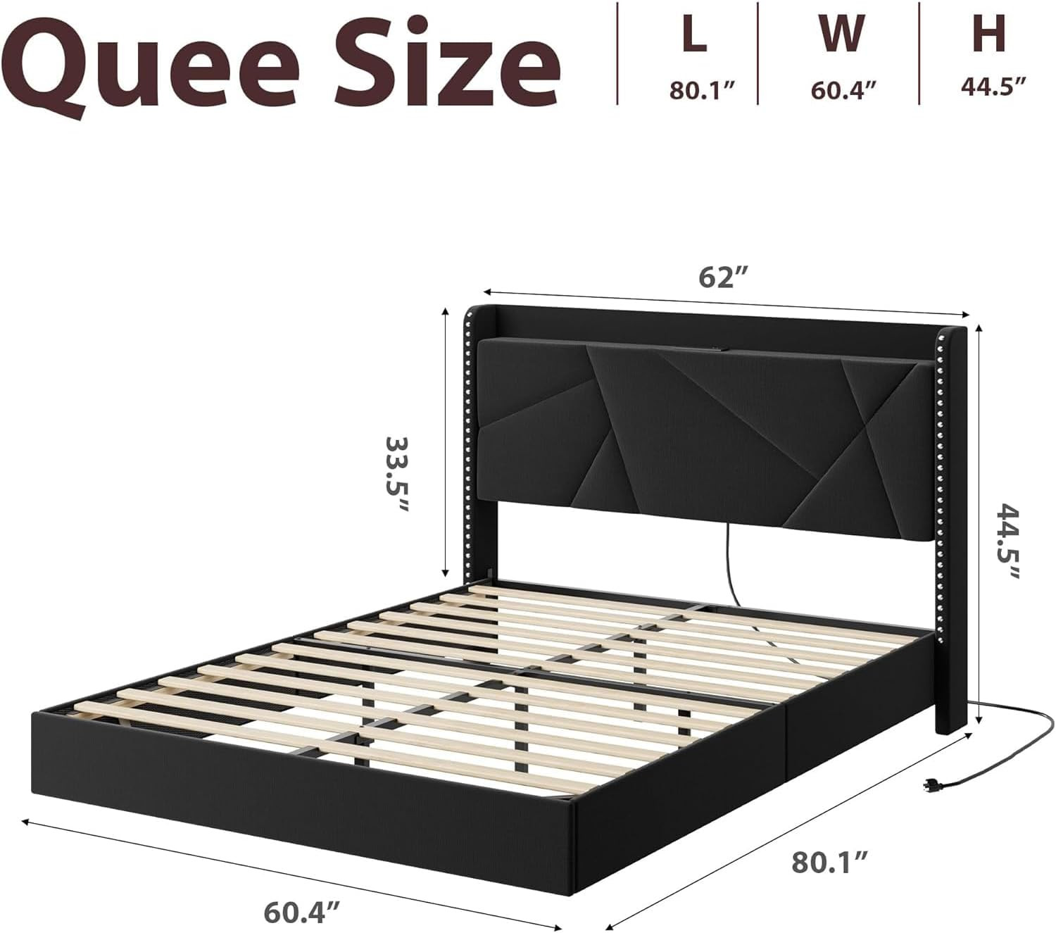 Queen Size Floating Bed Frame with Light and Charging Station, Black | Upholster