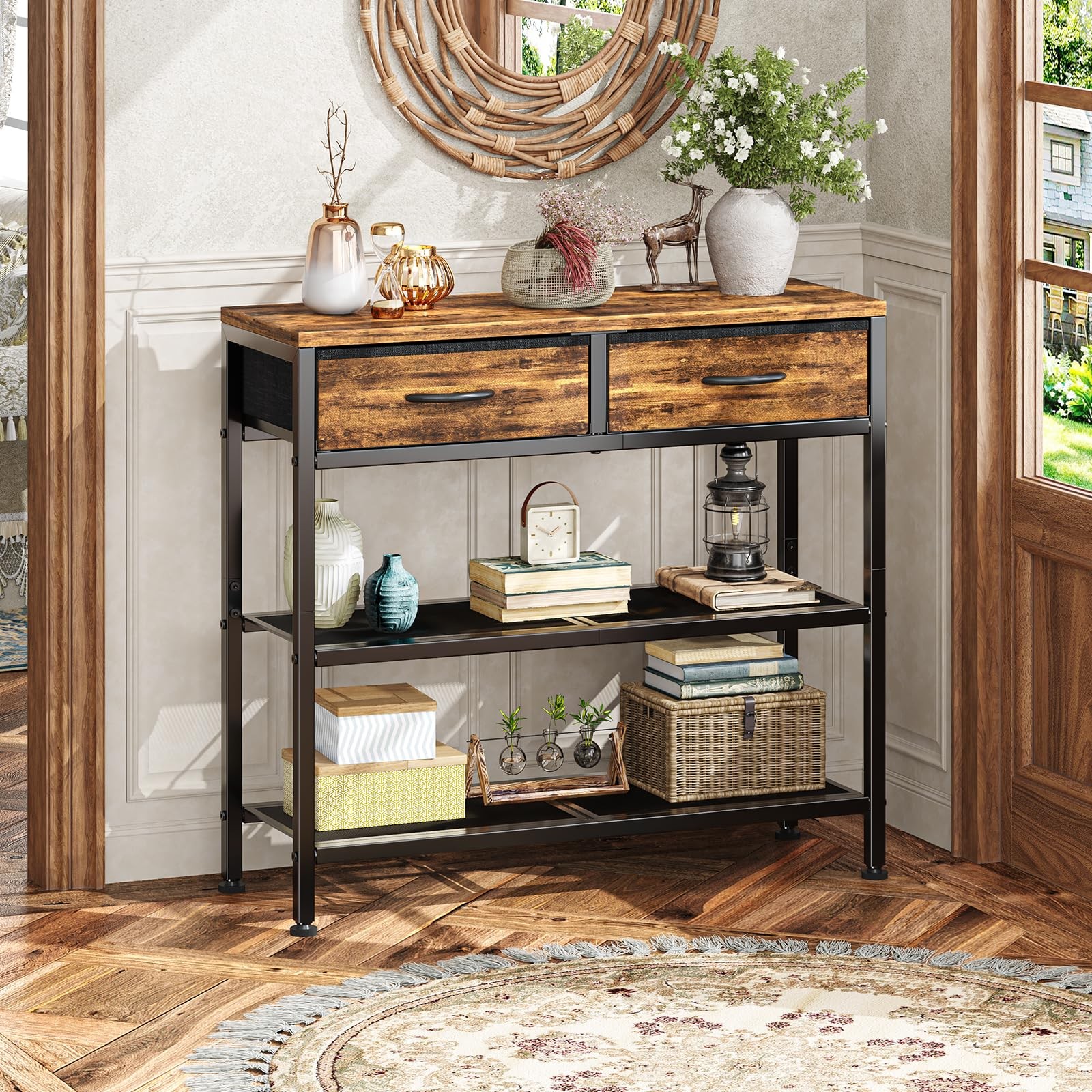 Simple Trending Narrow Console Table, Sofa Table with 2 Fabric Drawers