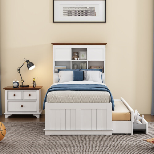 Solid Wood Bedroom Sets Captain Bed with Trundle & 3 Drawers Bookcase Headboard