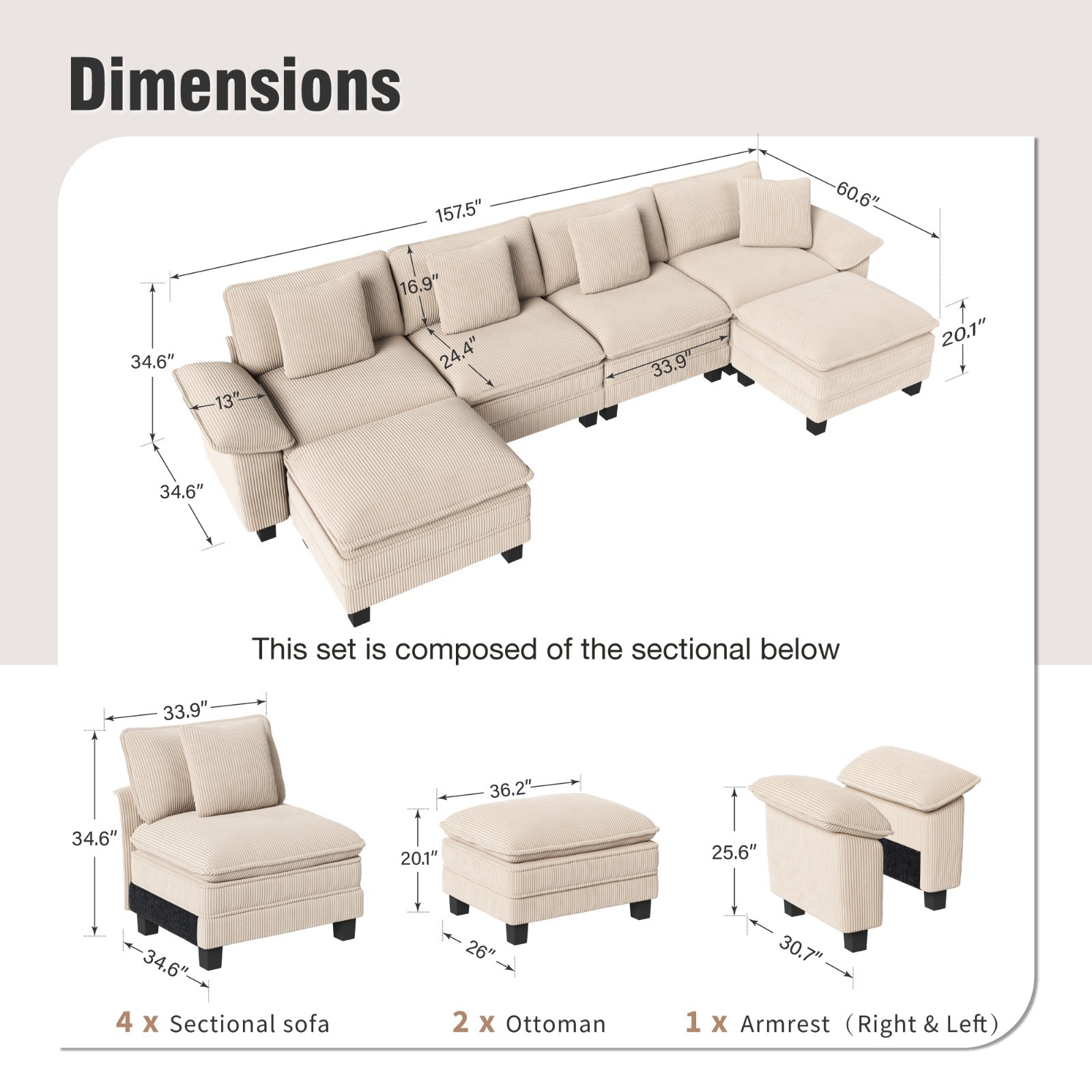 Modular Sectional Sofa Corduroy Cloud Couch with Chaise and Cushion 6/5/4/1-Seat