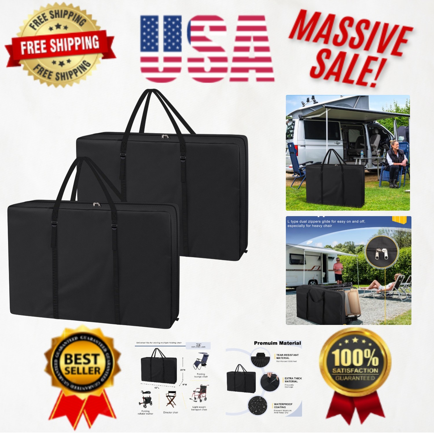 Heavy-Duty 2-Pack Chair Storage Bags in Classic Black – Keep Your Chairs Safe