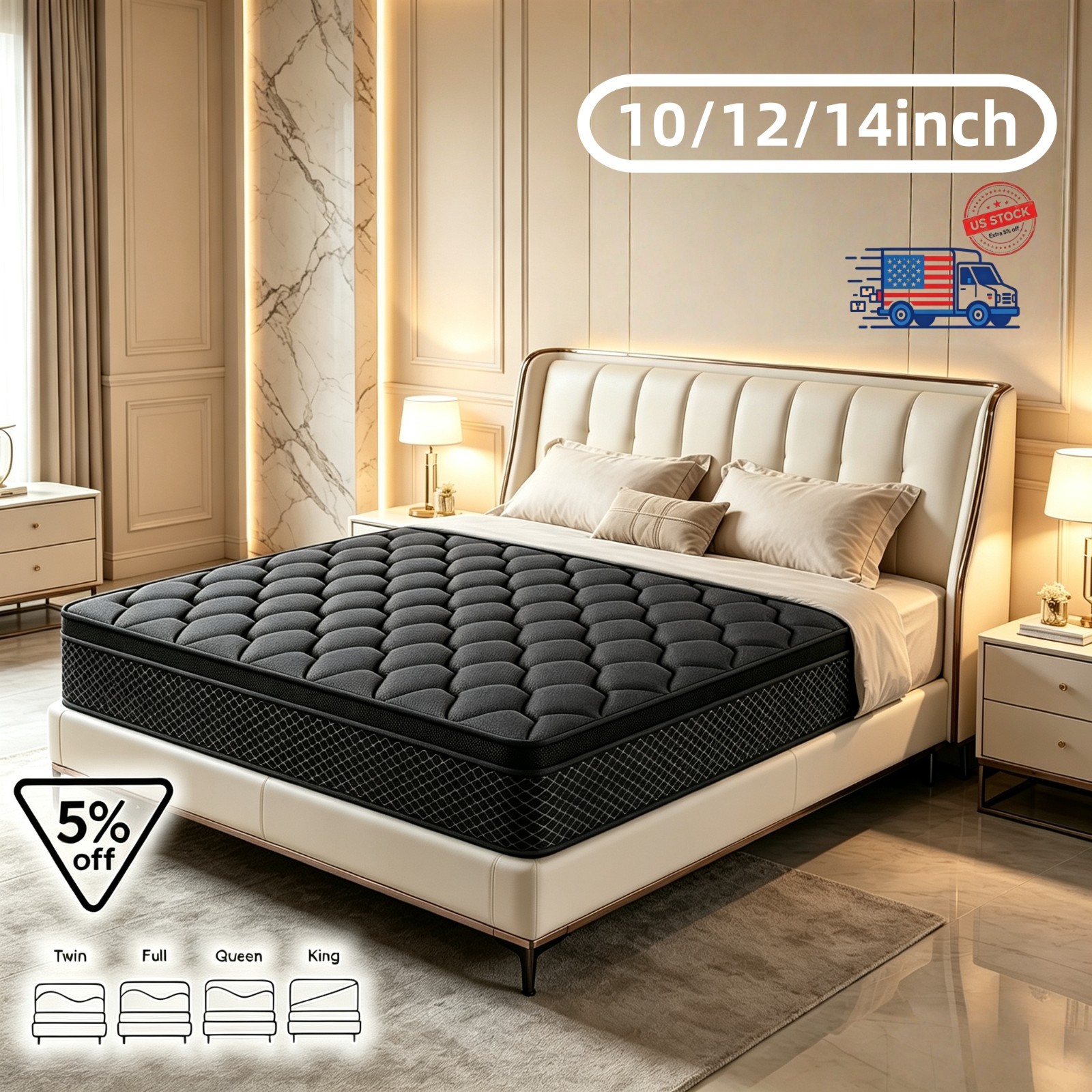 10″ 12″ 14″ Gel Memory Foam Twin Full Queen King Spring Hybrid Mattress in a Box