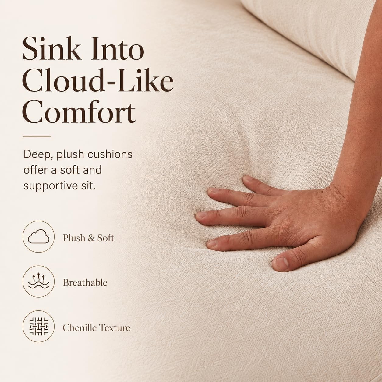 Esright 89″ Cozy Cloud Couch, 3 Seater Large Chenille Sofa, Cream White | No