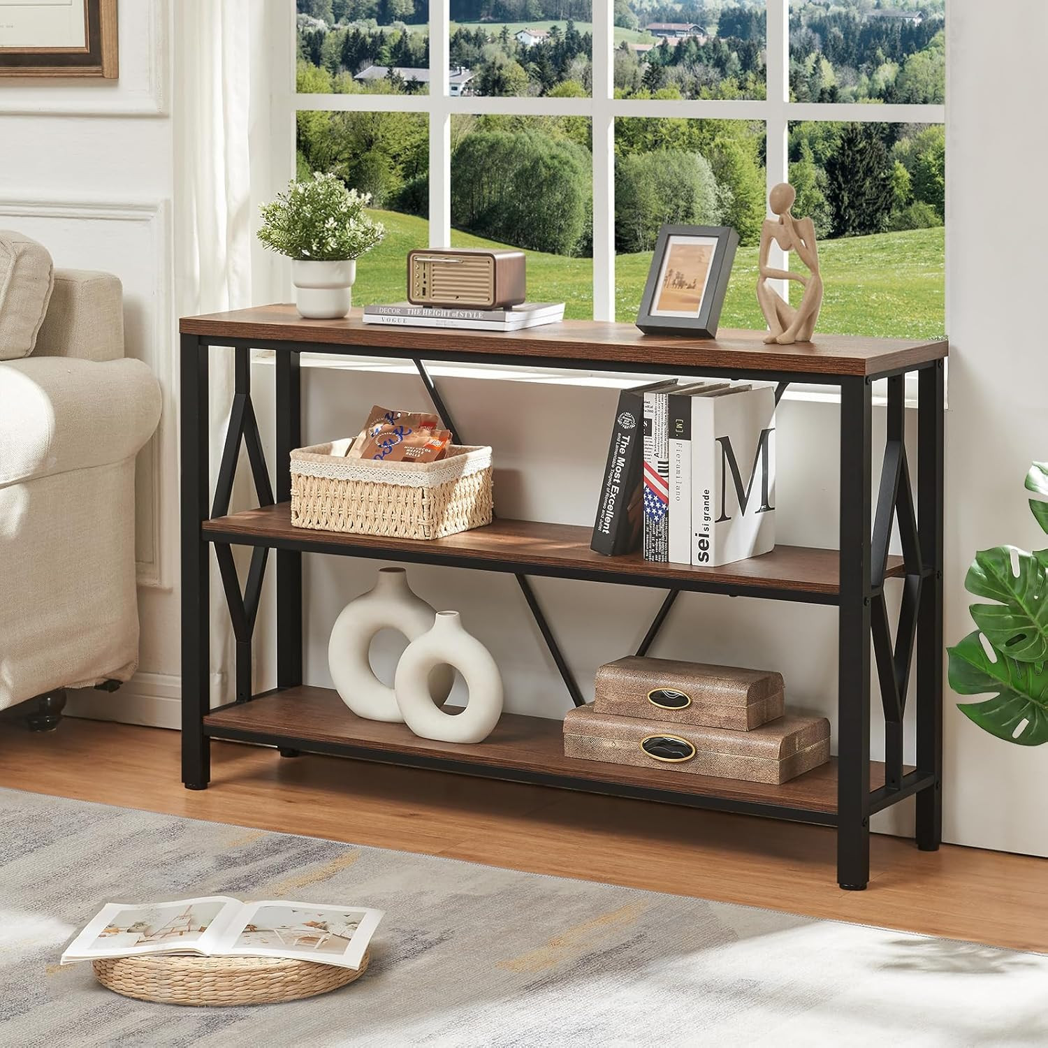 Sofa Console Table, Rustic Console Table with 3-Tier Storage, Engineered Wood So