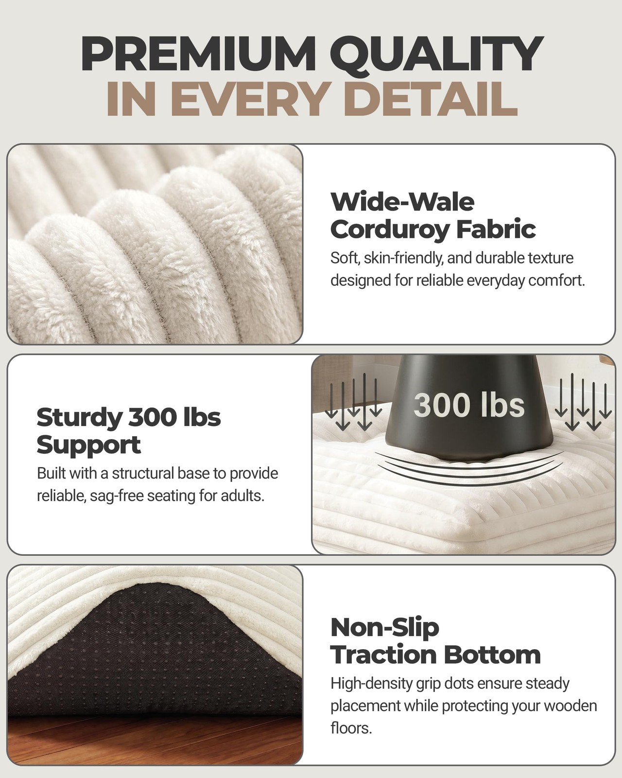 Fabulcozy 23.6in Pouf Ottoman, Corduroy 23.6″D x 23.6″W x 16.5″H, Beige