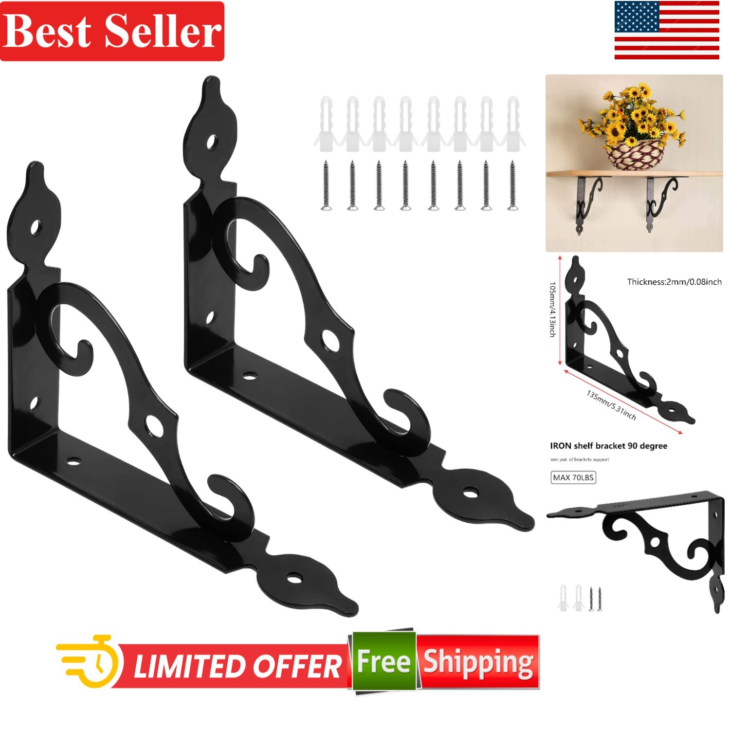 Iron L Brackets for Shelves – Heavy-Duty Support Set of 2, Unfinished Black
