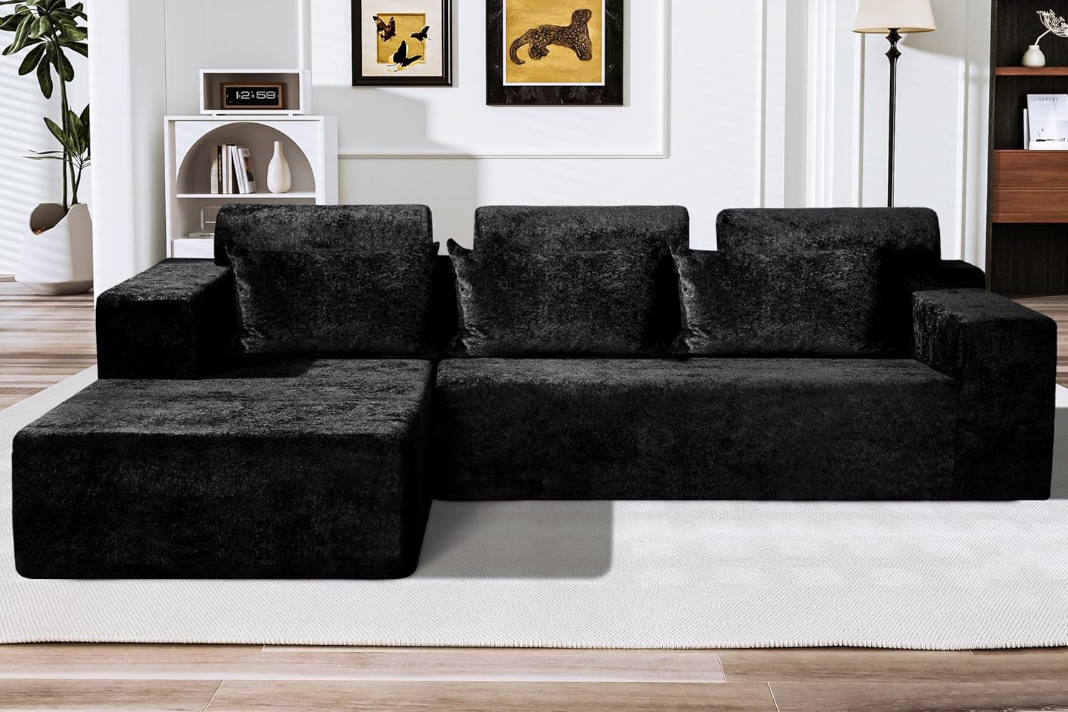 Stylish Black L-Shape Velvet Sofa Couch – No Assembly Needed for Living Room