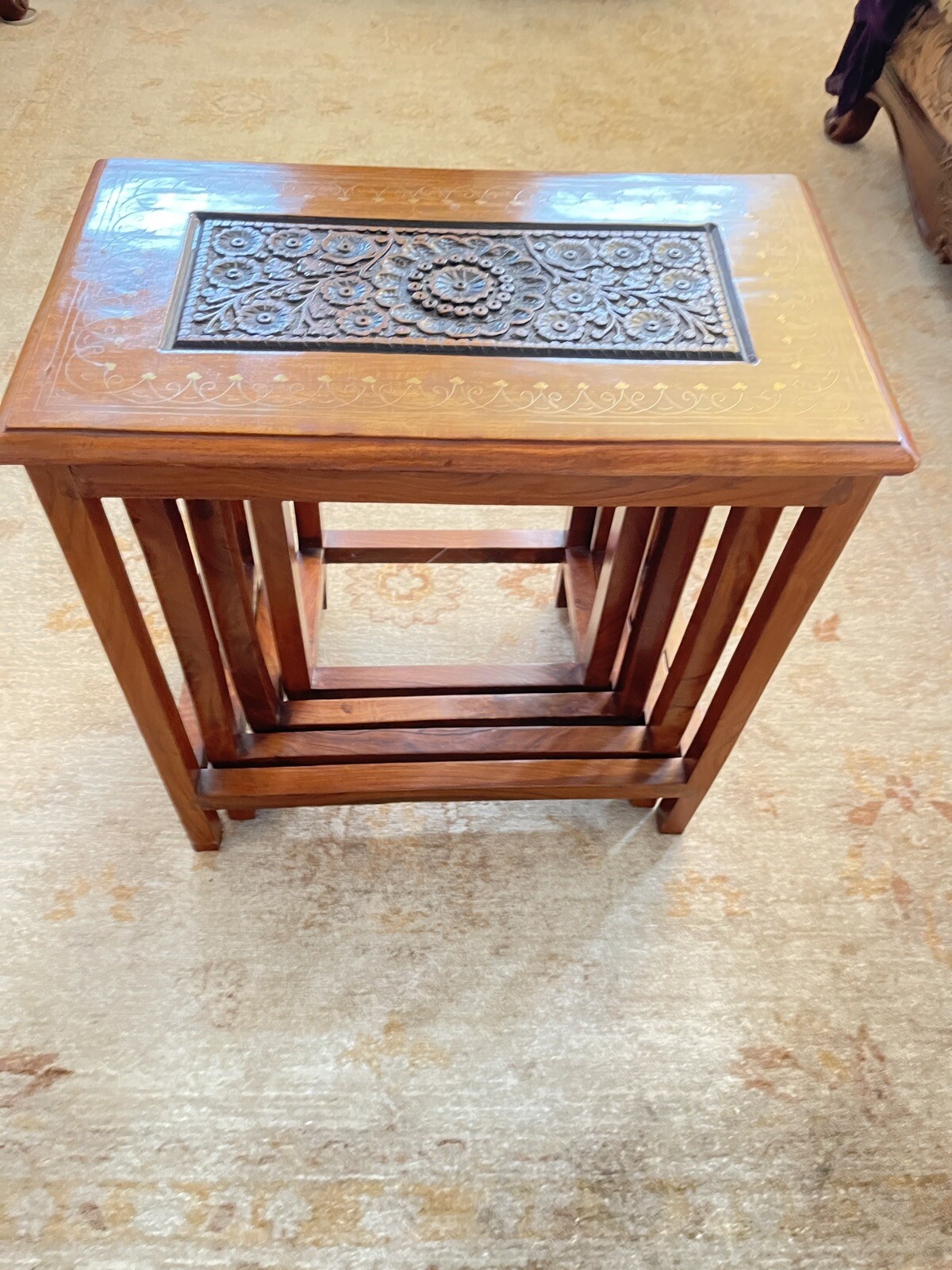 Hand Carved Hard Wood Nesting Tables Set Of 4. Carved And Brass Wire Engraving.