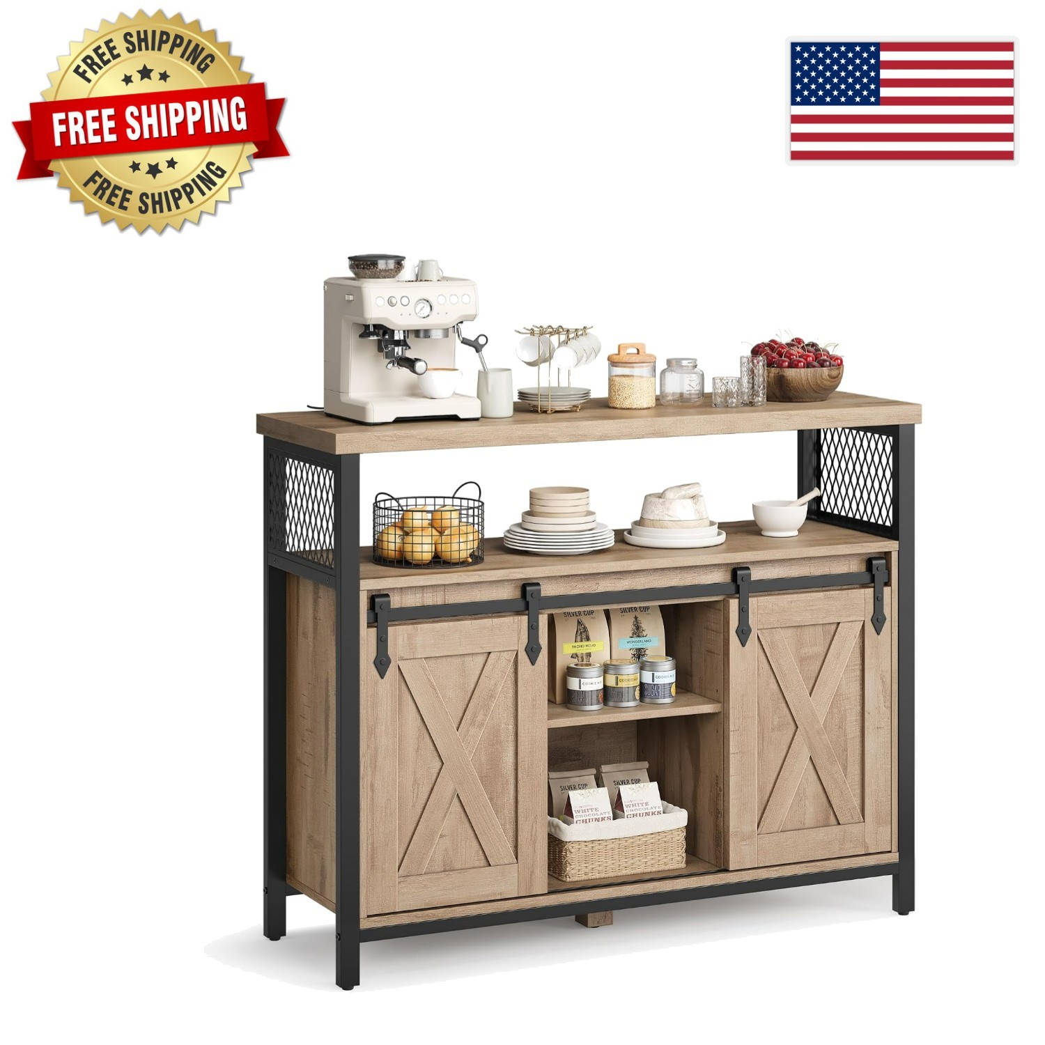 Sturdy Sideboard Buffet Cabinet – 39.4″ with Adjustable Shelves & Elegant Design