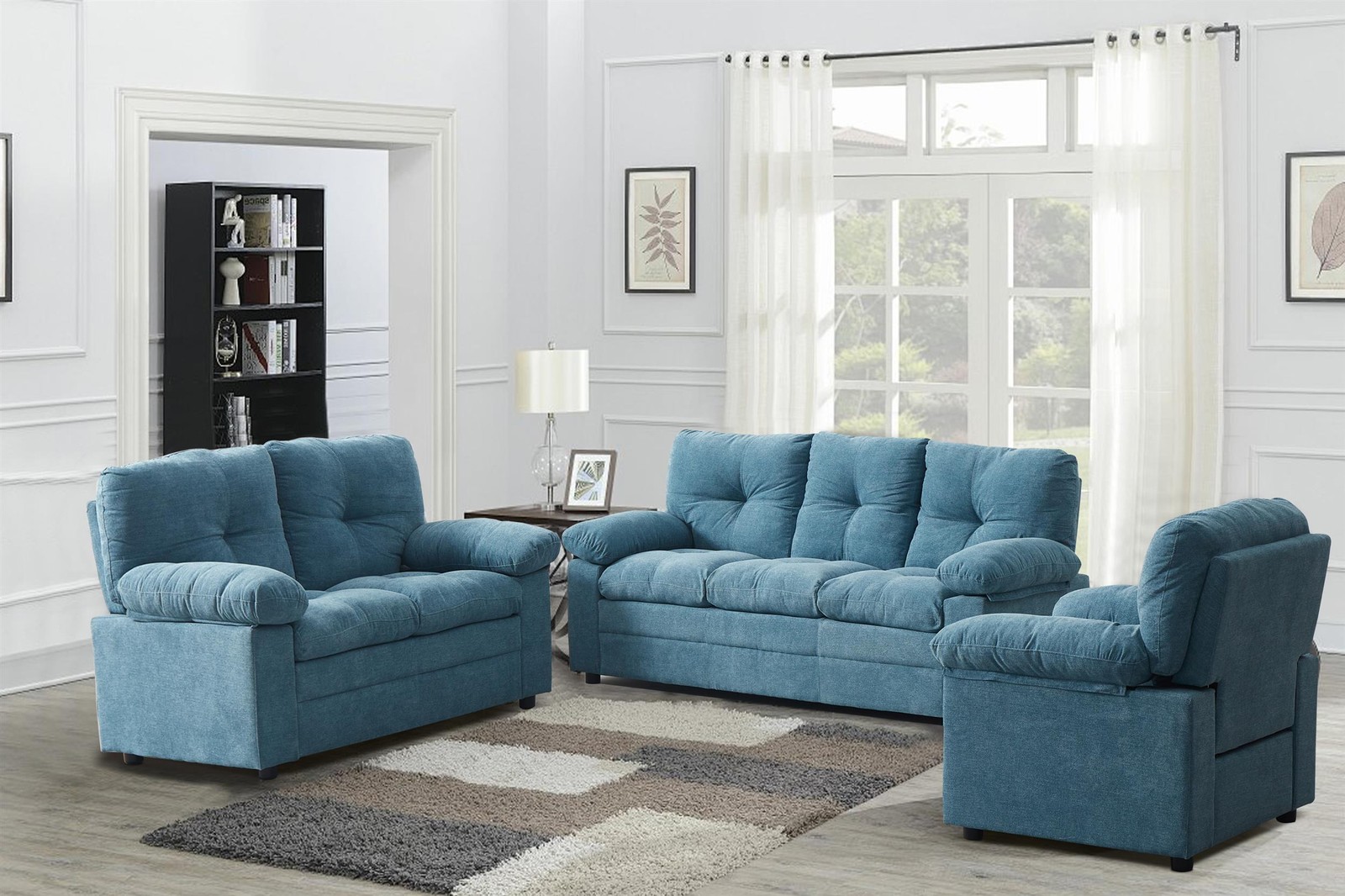 Hybiton Modern 3 Piece Sofa Set Linen Recliner Chair & Loveseat & Sofa – Blue