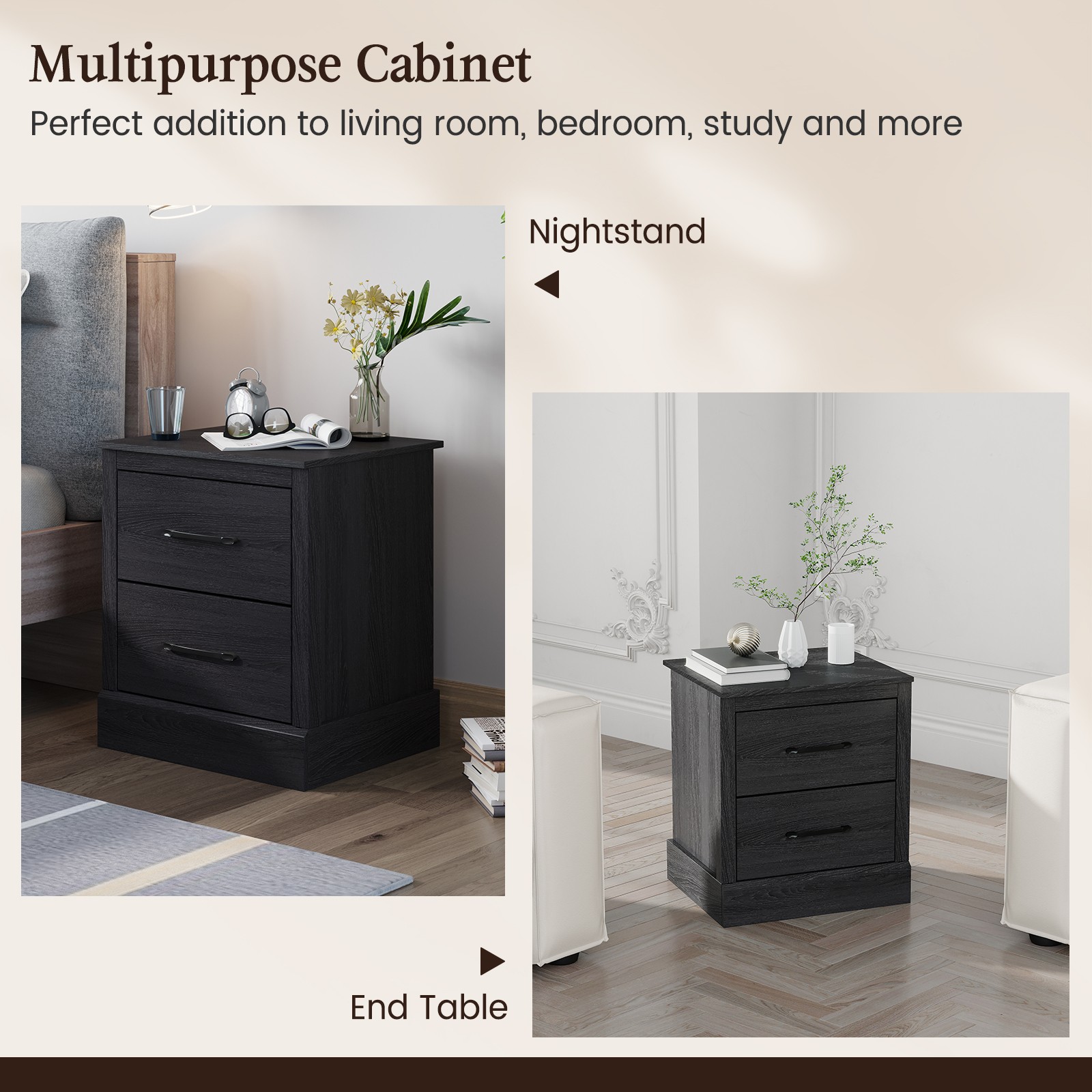 2 Drawer Nightstand Bedside Table Compact Sofa End Table Dark Grey Oak