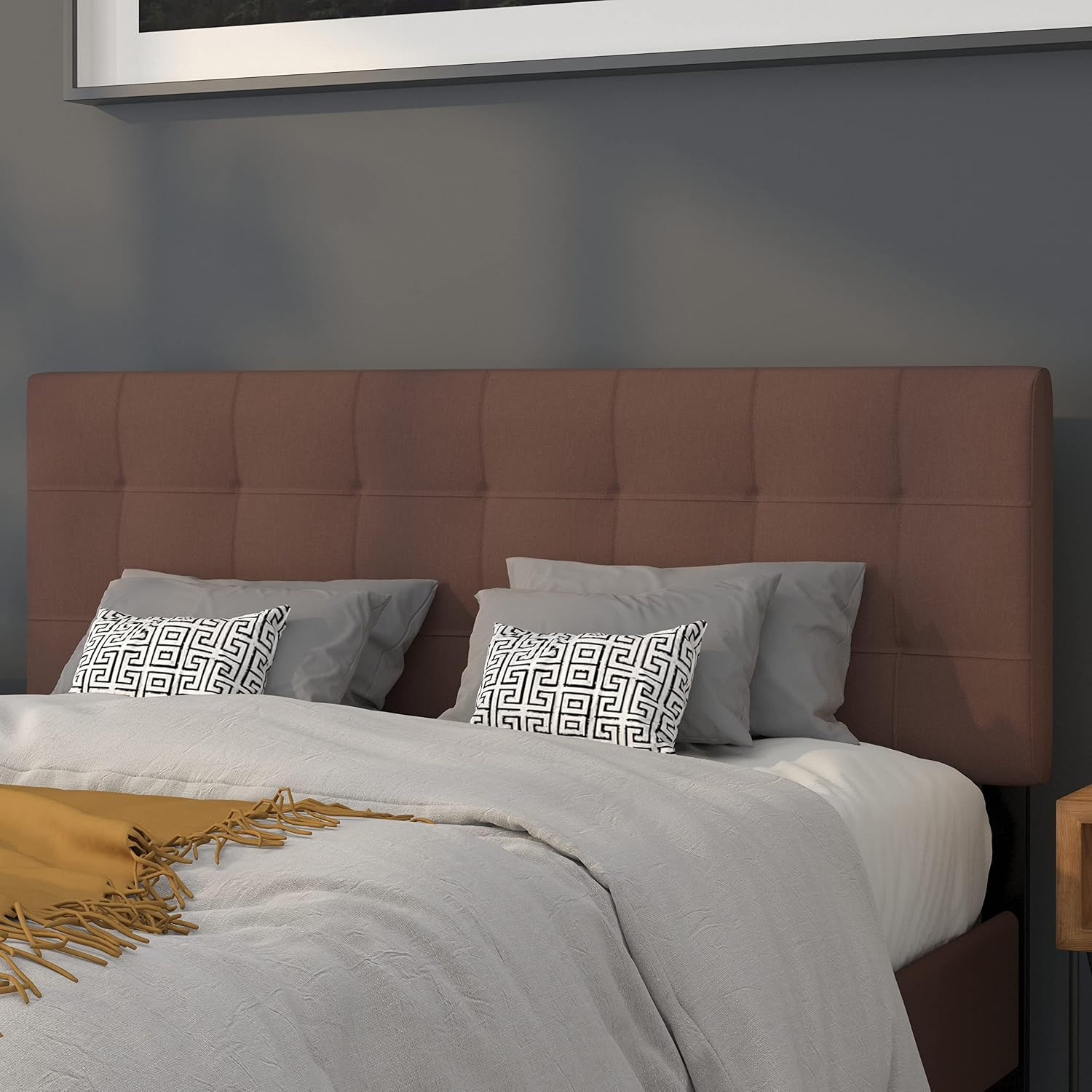 Queen Tufted Fabric Headboard, Dark Brown | Adjustable Height, Easy Install, Bed