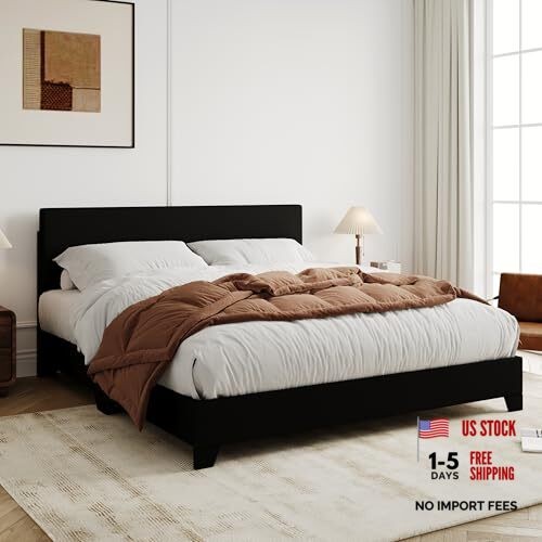Size Bed Frame with Adjustable Headboard, Faux Leather Full Cool Black